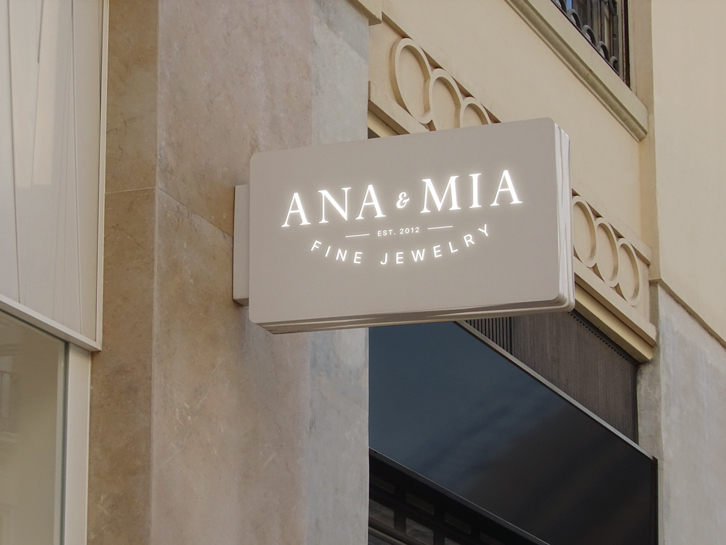 Light up sign depicting Ana & Mia Fine Jewelry logo designed by Stephanie Reid Designs