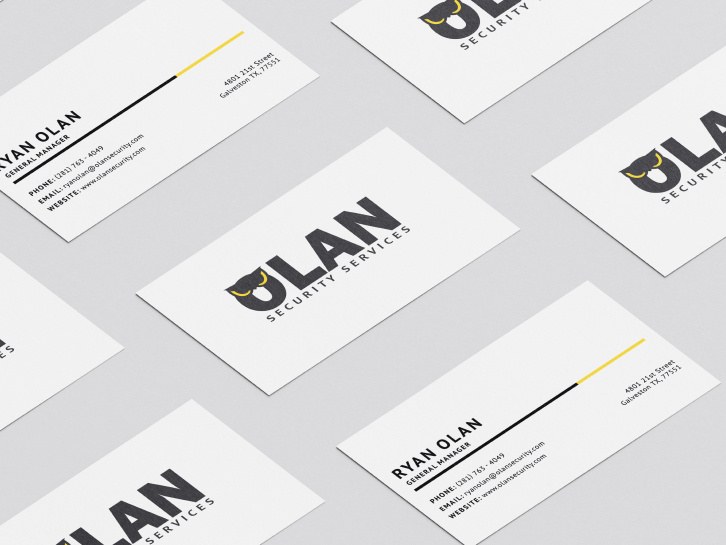 font and back business card design for Olan Security Services - design done by Stephanie Reid Designs