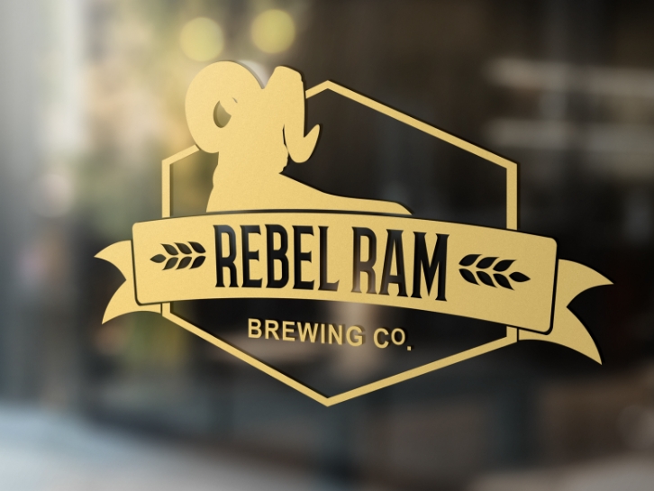 Close up of Rebel Ram Brewing Company Logo decal on window - design done by Stephanie Reid Designs