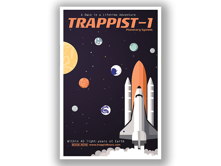 Trappist-1 travel poster design done by Stephanie Reid Designs depicting a rocket taking off in front of a space background