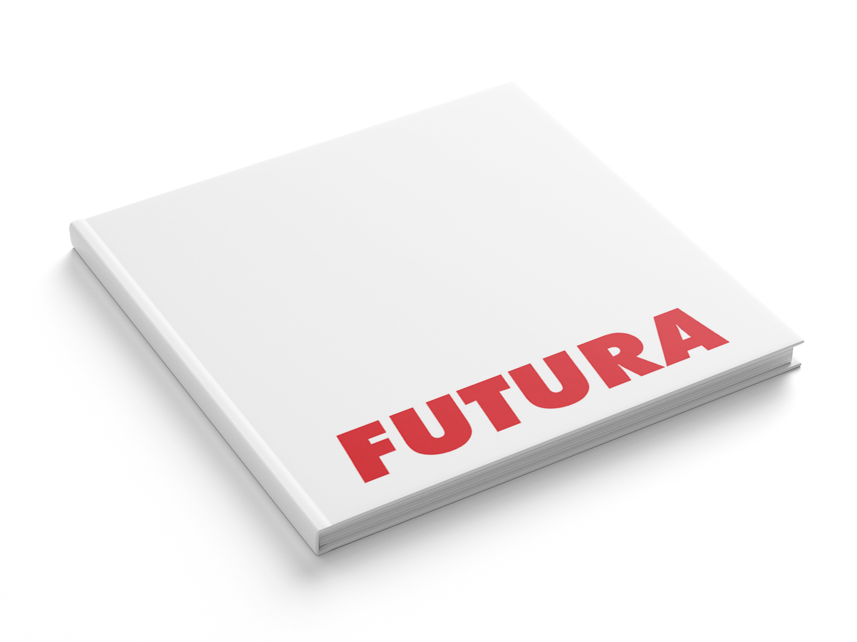 Cover of white book with red lettering saying Futura. A typographic study of the futura font by Stephanie Reid Designs