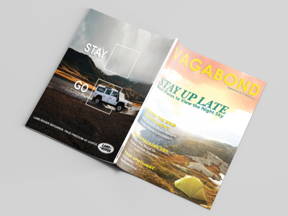 An image of vagabond magazine turned over so you can see the back cover on the left depicting an ad for land rover and the front cover on the right. done by Stephanie Reid Designs