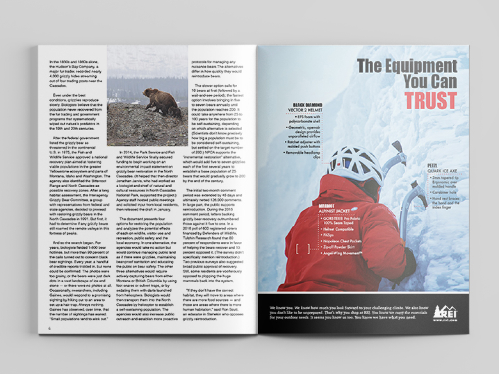 Vagabond magazine spread. On the left finish to article on bears. On the right, and ad for various climbing equipment available at REI. done by Stephanie Reid Designs