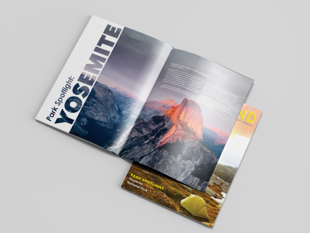 The center most spread of vagabond magazine containing the begining of an article on Yosemite with a big image of half dome in a purple sunset. done by Stephanie Reid Designs