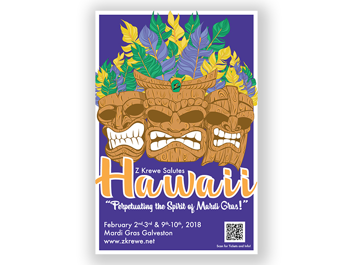 Z Krewe salutes Hawaii Mardi Gras poster design done by Stephanie Reid Designs depicting three tiki masks with yellow, purple, and green feathers